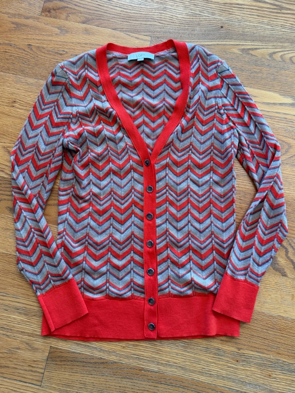 LOFT Red Chevron V-Neck Button-Front Cardigan